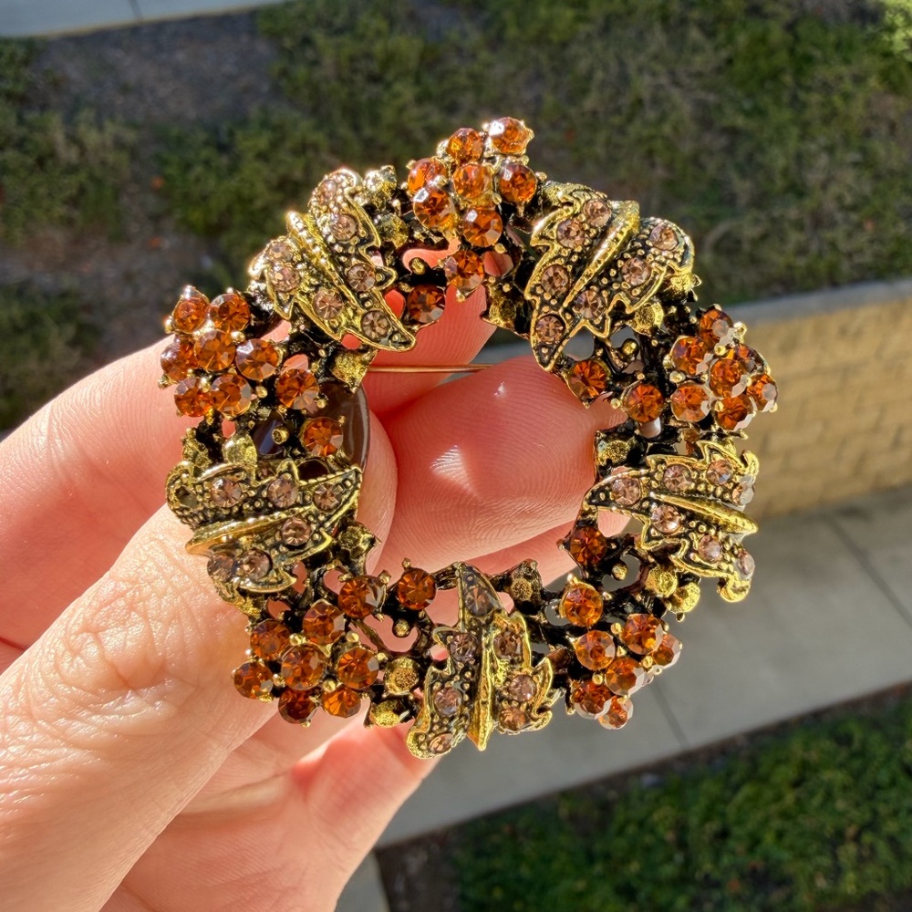 Holiday Wreath Brooch Orange and Gold Accents - Picture 3 of 5